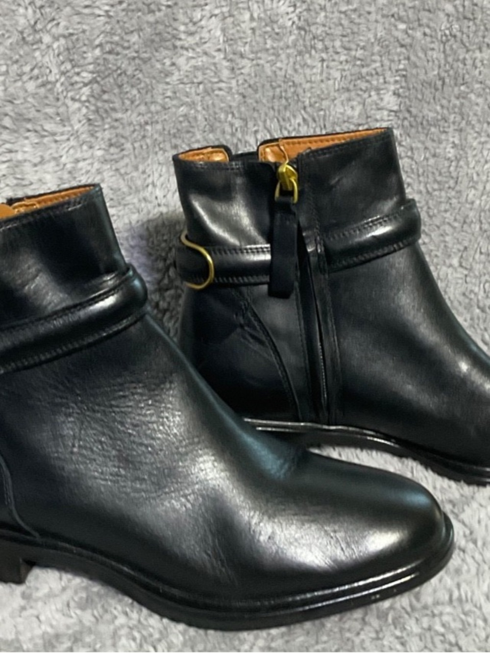 New Franco Sarto Elese Leather Black Ankle boots with Gold Buckle size 5M